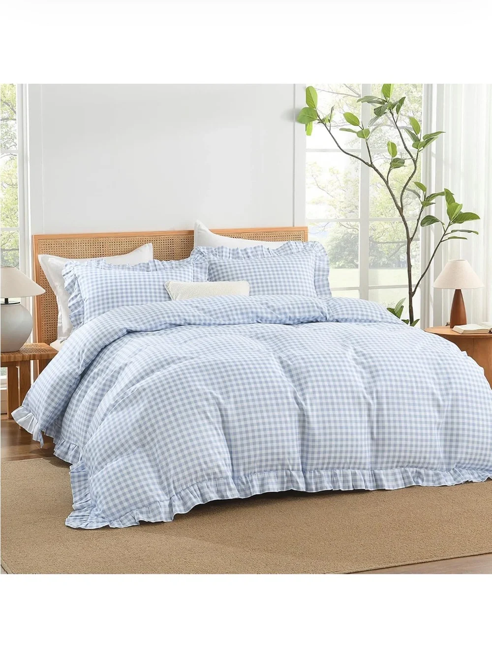 NEW Andency Blue Gingham 3-piece Duvet Cover King, Ruffle Shabby Chic